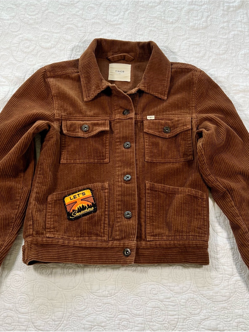 P&Co Cord Origin Jacket Rust Brown Corduroy Trucker Boho Vintage XS patch 70s